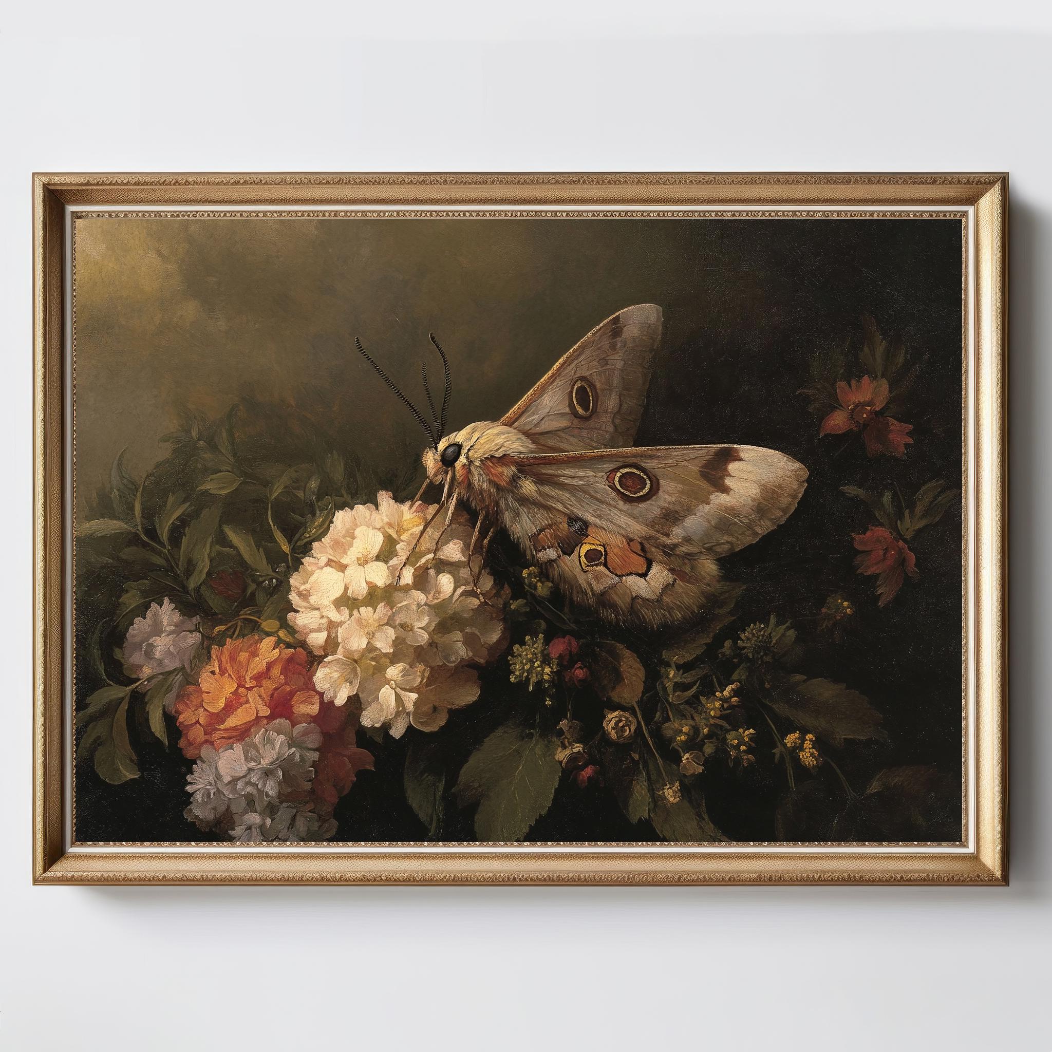 Moth Hydrangea Flowers Vintage Art Print | Dark Cottagecore Botanical ...