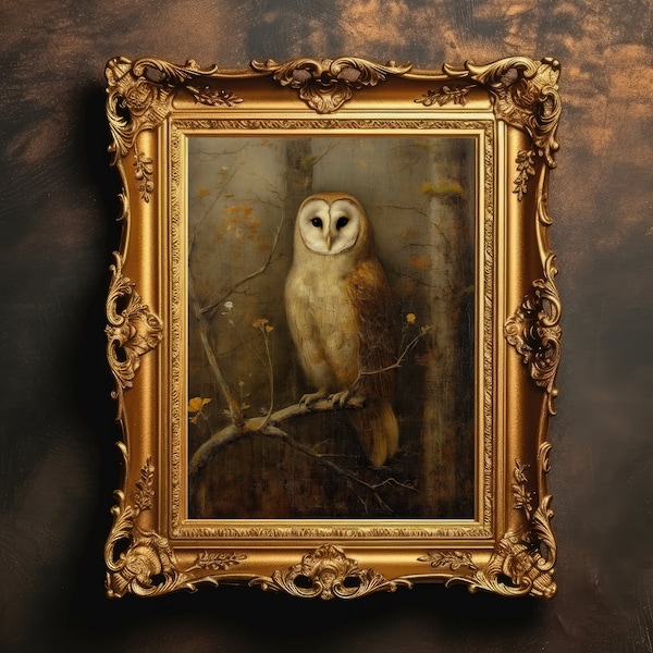 Perched Owl | Dark Academia, Bird Wall Art, Antique Oil Painting, Farmhouse Decor, Dark Cottagecore, Gothic Aesthetic, Digital Download