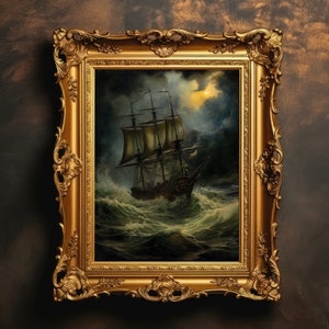 Stormy Sea Ship | Dark Academia Decor, Coastal & Ocean Aesthetic, Nautical Wall Art, Antique Oil Art, Vintage Seascape Print, Maritime Art