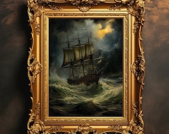 Stormy Sea Ship | Dark Academia Decor, Coastal & Ocean Aesthetic, Nautical Wall Art, Antique Oil Art, Vintage Seascape Print, Maritime Art