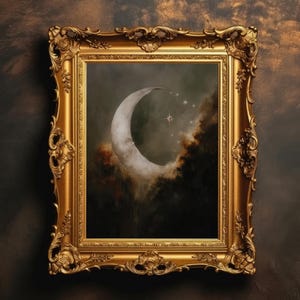 Crescent Moon and Stars Painting | Dark Academia PRINTABLE, Moody Celestial Wall Art, Gothic Night Sky Decor, Digital Download