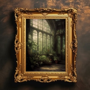 Gewächshaus | Viktorianischer Gartenzimmer-Druck, dunkle Cottagecore-Wandkunst, grüne Ästhetik, Vintage botanische Malerei, digitaler Download zum ausdrucken