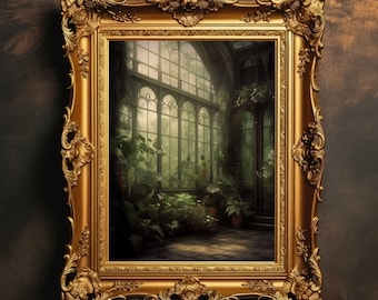 Greenhouse | Victorian Garden Room Print, Dark Cottagecore Wall Art, Green Aesthetic, Vintage Botanical Painting, Digital Download Printable