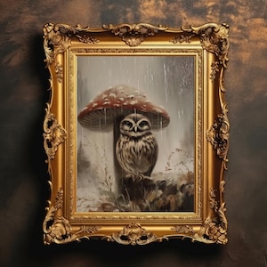 Owl Under Mushroom Art Print | Goblincore Decor, Vintage Woodland Painting, Moody Nature Wall Art, Rustic Printable, Digital Download