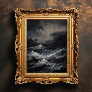 Stormy Seascape Art Print | Vintage Ocean Wall Art, Gothic Nautical Decor, Moody Sea Painting, Dark Coastal Scene, Digital Download