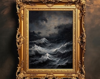 Stürmische Seelandschaft Kunstdruck | Vintage Ozean Wandkunst, Gothic Nautische Dekoration, Stimmungsvolle Seemalerei, Dunkle Küstenszene, digitaler Download