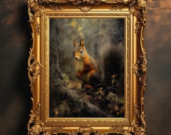 Moody Squirrel | Vintage Forest Landscape, Dark Academia, Antique Oil Painting, Nursery Woodland Animal Decor, Digital Download, PRINTABLE
