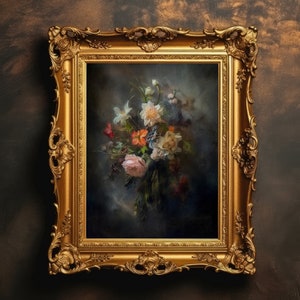 Flowers Bouquet Still Life | Dark Academia, Botanical Wall Art, Dark Floral Print, Vintage Antique Oil Painting, Printable, Digital Download