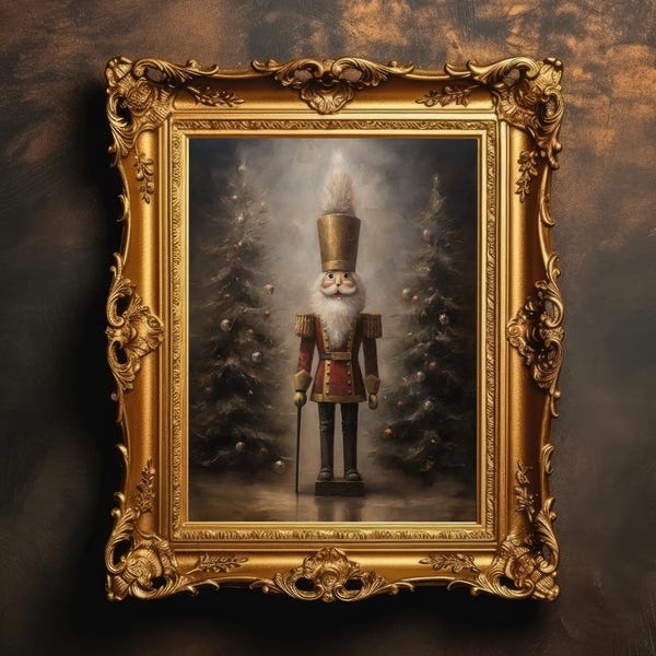 Nussknacker | Stimmungsvolle Winter-Wandkunst Drucke, Vintage Malerei, Neutral Winter Wohnkultur, Schneebedeckte Wandkunst, Digitaler Download, DRUCKBAR