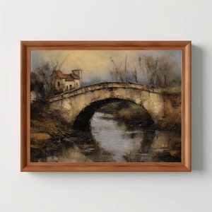 Spanish Town Bridge | Landscape Scenic Painting, Vintage Farmhouse Wall Decor Art, Dark Cottagecore, Antique Oil Painting, Digital Download