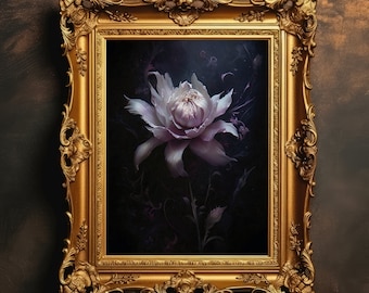 Könnte beinhalten: Eine zarte, blassrosa Blume mit einem dunkelvioletten Zentrum, gerahmt in einem goldenen, verzierten Rahmen. Die Blume ist von dunkelgrünem Laub umgeben und hat eine weiche, ätherische Qualität.