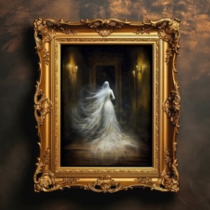 Ghostly Lady In Haunted House | Victorian Wall Art, Antique Oil Painting, Vintage Aesthetic, Dark Academia, Gothic Art, Digital Download