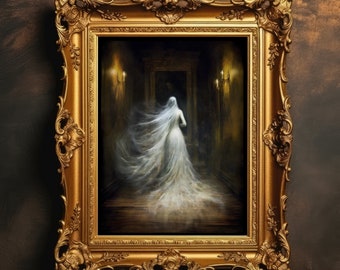 Ghostly Lady In Haunted House | Victorian Wall Art, Antique Oil Painting, Vintage Aesthetic, Dark Academia, Gothic Art, Digital Download