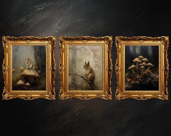 Set of Three Vintage Woodland Prints | Gallery Wall Art, Dark Cottagecore, Rustic Animal Art, Forest Decor, Digital Download, PRINTABLE