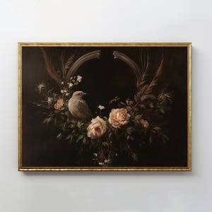 Ethereal Wreath Print | Dark Floral Bird Wall Art, Dark Academia, Moody Wall Art, Dark Cottagecore Decor, Digital Download, PRINTABLE