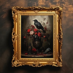 Crow Rose Flowers | Dark Academia, Moody Goth, Dark Cottagecore, Victorian Wall Art, Gothic Home Decor, Botanical Aesthetic, Whimsigoth