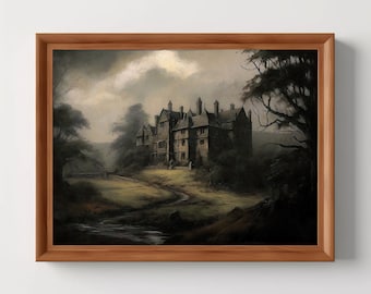 Englisch Herrenhaus | Stimmungsvolle Wandkunst, dunkle Academia, antikes Ölgemälde, Schloss Naturlandschaft, digitaler Download, druckbar
