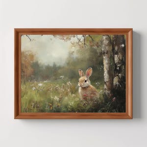 Spring Rabbit in Meadow | Vintage Oil Painting PRINTABLE Cottagecore Wall Art Wildflower Decor Nature Bunny Rustic Nursery Digital Download