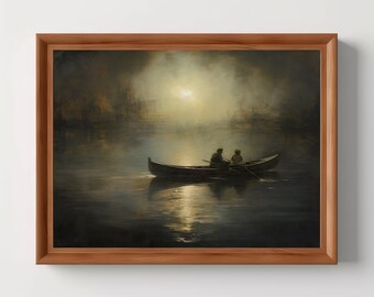 Night Rowboat | Dark Academia, Vintage Aesthetic, Antique Oil Painting, Night Sky Painting, Dark Cottagecore Landscape, Digital Download