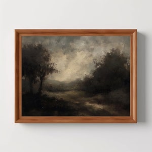 Vintage Moody Dark Landscape | Rustic Forest Wall Art, Antique Oil Painting, Farmhouse Room Decor, Digital Download, Printable
