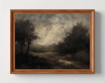 Vintage Moody Dark Landscape | Rustic Forest Wall Art, Antique Oil Painting, Farmhouse Room Decor, Digital Download, Printable