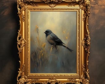 Moody Bird Art Print | Dark Academia Bird Portrait, Nature Wall Decor, Atmospheric Wildlife Painting, Digital Download, PRINTABLE