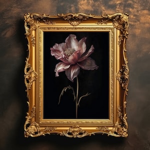 Dark Pink Peony | Black Floral Painting, Moody Art Print, Dark Botanical Room Decor, Cottagecore Aeshetic, Digital Download, Printable