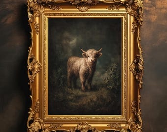Highland Kuh Ölgemälde | Vintage Tier, Land Kinderzimmer Dekor, Dark Academia Bauernhaus Dekor, Moody Rustikale Wand Kunst Digital Download