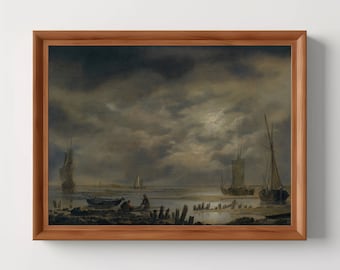 Paesaggio costiero / Ambiente illuminato dalla luna, Dipinto ad olio antico, Estetica vintage, Dark Nautical Sailbots, Dark Academia, Download digitale