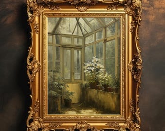 Vintage Greenhouse Interior Art Print | Cottagecore Decor, Botanical Painting, Moody Floral Wall Art, Rustic Printable, Digital Download