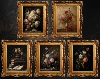 Conjunto de cinco cuadros de arte floral vintage para pared, galería de pinturas botánicas, decoración de naturaleza muerta de Dark Academia, arte clásico, descarga digital, IMPRIMIBLE
