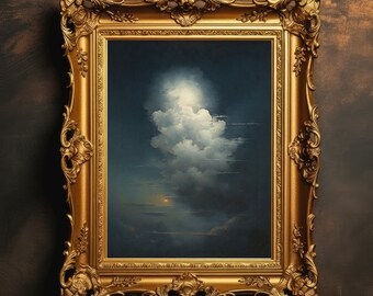 Peut inclure: Une peinture encadrée d'or représentant un ciel orageux et dramatique avec un grand nuage blanc éclairé par une lumière vive. La peinture est sur un fond brun foncé.
