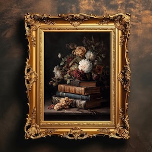 May include: A framed still life painting featuring a bouquet of flowers atop a stack of antique books. The flowers include white, red, and peach blooms. The ornate gold frame adds a vintage aesthetic to the artwork.