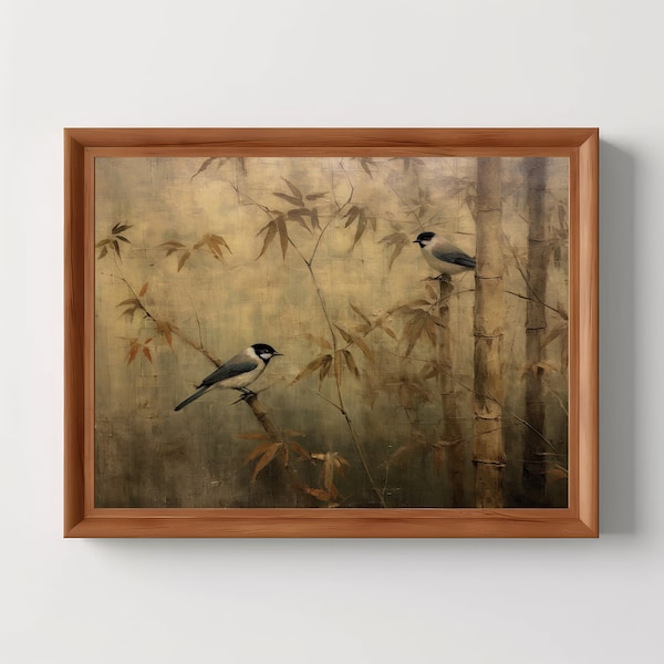 Vogels Bamboes | Antiek olieverfschilderij, vintage esthetiek, Chinees landschap, oosterse schilderkunst, donkere academische wereld, digitale download, afdrukbaar