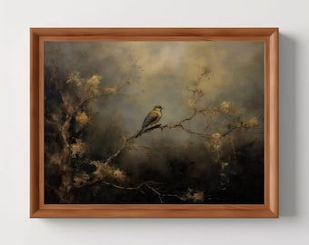 Vintage Bird Landscape | Bird Wall Art, Moody Home Decor, Antique Oil Painting, Witchy Wall Art, Digital Download, Printable