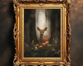 Fawn in Forest Light | Woodland Baby Deer Art Print, Vintage Animal Painting, Autumn Nature Decor, Moody Forest Nursery Wall Art Download