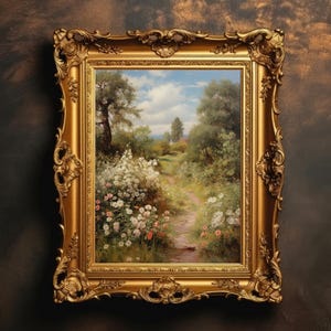 Blooming Garden Path | Vintage Spring Decor, Antique Oil Painting, Summer Decor, Cottagecore Landscape, Digital Download, PRINTABLE