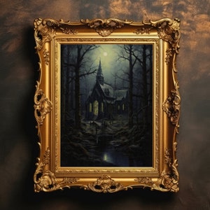 Dark Church In Woods | Dark Academia, Gothic Architecture, Moody Wall Art, Goth Oil Painting, Haunted Aesthetic, Digital Download, Printable