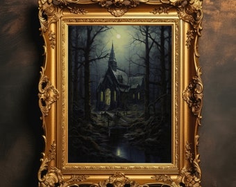 Dark Church In Woods | Dark Academia, Gothic Architecture, Moody Wall Art, Goth Oil Painting, Haunted Aesthetic, Digital Download, Printable