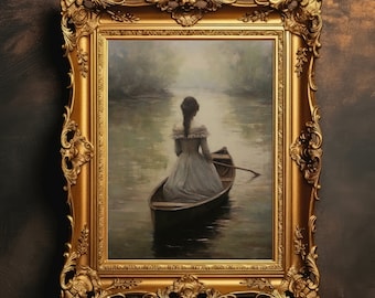 Lady In Boat | Tranquil River Landscape, Victorian Wall Art, Antique Oil Painting, Dark Academia, Digital Download, PRINTABLE