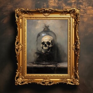 May include: A framed painting of a human skull inside a glass jar. The skull is white with black eye sockets and a black mouth. The jar is clear glass with a black lid. The painting is set against a dark background.