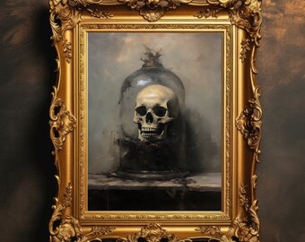 Skull In Glass Still Life | Dark Academia Prints, Gothic Wall Art, Goth Home Decor, Moody Oil Painting, Antique Aesthetic, Digital Download