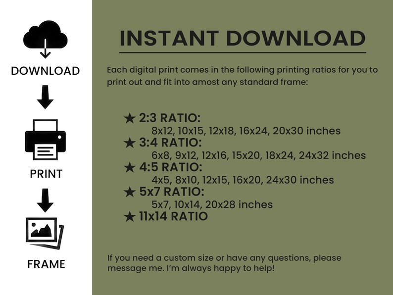 May include: A green background with white text that reads "INSTANT DOWNLOAD".  The text explains that each digital print comes in the following printing ratios: 2:3, 3:4, 4:5, 5x7, and 11x14.  The text also lists the different sizes available for each ratio in inches.