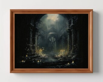 Verlassene gotische Kapelle | Dark Academia, Stimmungsvolles Ölgemälde, viktorianische Ästhetik, Vintage Print, dunkler Cottagecore, digitaler Download