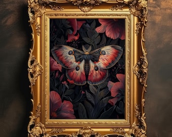 Zwart-rode vlinderprint | Donker botanisch decor, Dark Academia, vlinderprint, gotische muurkunst, donkere Cottagecore, digitale download, AFDRUKBAAR