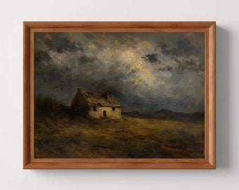 Pastoral House | Rustic Farmhouse Art Print, Antique Oil Painting, Moody Country Landscape, Dark Cottagecore, Digital Download, Printable