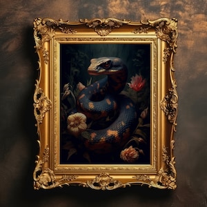 Floral Snake Print | Dark Academia, Gothic Antique Flower Snake, Dark Botanical Wall Art, Serpentine, Cottagecore, Digital Download