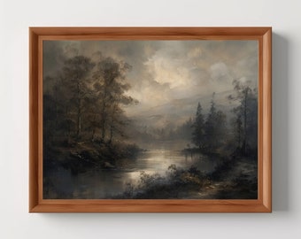 River Forest Landscape | Moody Oil Painting, Vintage Wall Art, Antique Home Decor, Nature Room Decor, Digital Download, Printable