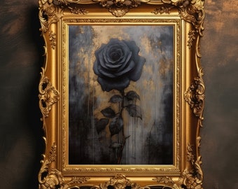 Vintage Black Rose | Dark Academia, Dark Cottagecore Aesthetic, Antique Oil Painting, Botanical Decor, Floral Wall Art, Digital Download