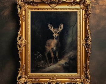 Baby Deer | Fawn Wall Art, Woodland Animals, Dark Academia, Moody Wall Art, Antique Oil Painting, Vintage Aesthetic, Digital Download